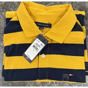 Tommy Hilfiger Mens Classic Polo Yellow‎ & Blue Striped Cotton Medium
